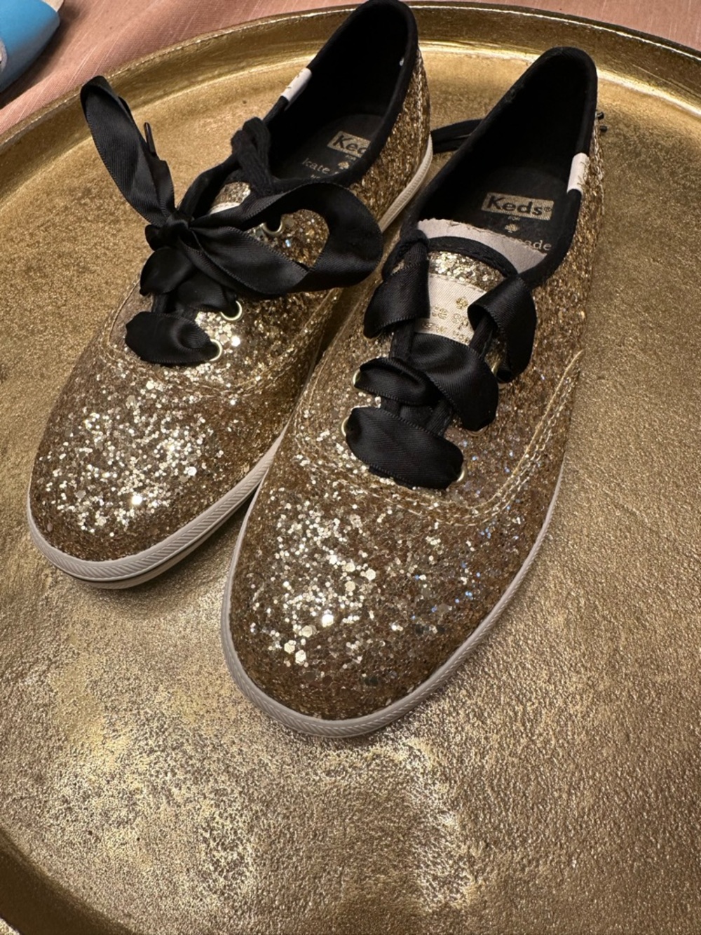 Keds Kate Spade Women's Gold Vintage Glitter Sneakers with Satin Laces New 7 M